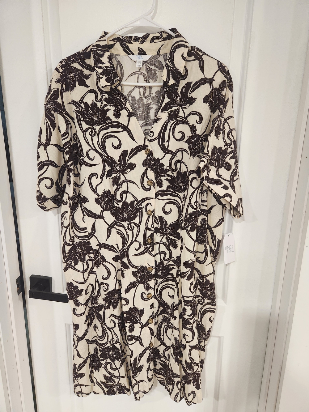 Time and Tru Cream and Black Floral Button-Up Top